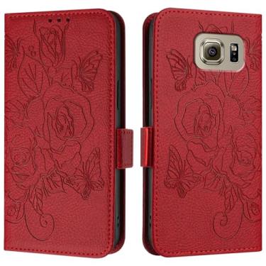 Imagem de Capa Flip para Smartphone Compatível com Samsung Galaxy S6 Case, Wallet Case Slim PU Leather Phone Flip Folio Case, Capa protetora à prova de choque com porta-cartões + Alça de pulso Capas Flip(Rojo)