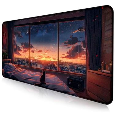 Imagem de Tapete de rato de janela de gato anime fantasia, tapete de rato de verão grande cena noturna de cura, almofada de mesa de jogo GG decoração de escritório teclado para laptop feminino 35,4 x 15,7 x
