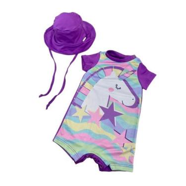 Imagem de Kit Macacão Manga Curta + Chapéu Liso Proteção Uv Infantil - Fofotinho