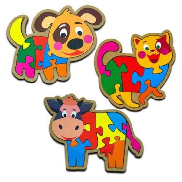 Imagem de Kit 3 Quebra Cabeça Animais Infantil Cachorro Vaca Gato Madeira Educat