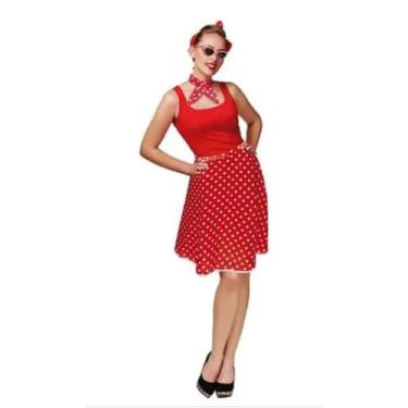 Imagem de Fantasia Carnaval Feminina Anos 60 Com Saia Vermelha Poá Lenço e Óculo