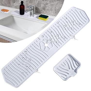 Imagem de Bandeja coletora de gotejamento com alça de torneira de silicone 61 cm de comprimento - protetor de respingos de pia atrás da torneira - tapete de torneira de silicone seguro para lava-louças com bandeja de sabão para cozinha, banheiro, bar e trailer protetor de bancada - branco