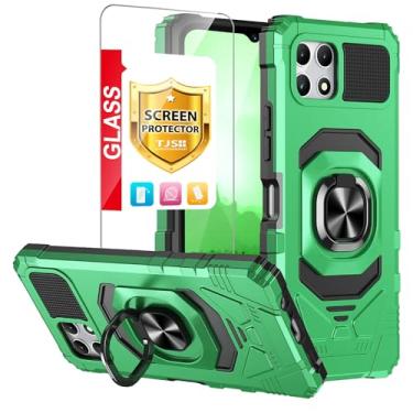 Imagem de TJS Capa compatível com T-Mobile Revvl 7 Pro 5G, com protetor de tela de vidro temperado, anel de metal, suporte magnético, suporte, capa resistente de proteção contra quedas (verde)