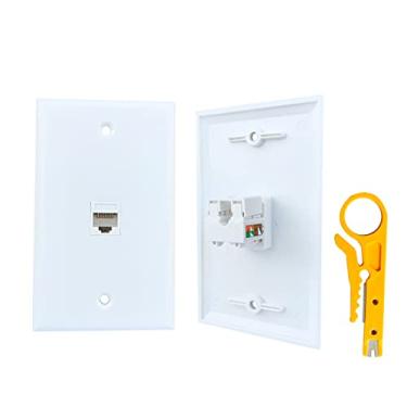 Imagem de BOPLAT Pacote com 2 1 porta CAT6 Ethernet Punch Down Placa de parede com ferramenta - 90 graus Cat 6 RJ45 Jack Punchdown Placa de cobertura para cabo de rede CAT7/CAT6 - Branco