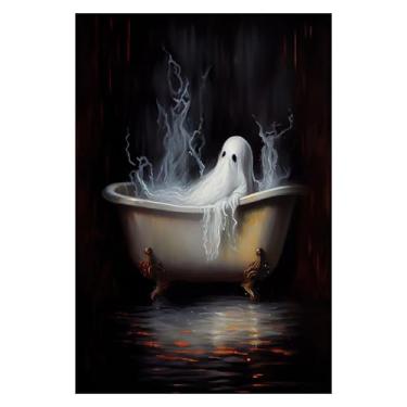 Imagem de Pôster retrô de banheiro fantasma engraçado na banheira decoração de parede Dark Academia Halloween decorações de fantasma gótico pintura em tela terror, banheiro, decoração de parede para casa,