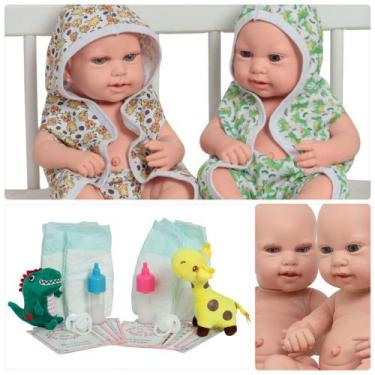Imagem de 2 Boneca Reborn Lara Luca Com Acessórios Roupão Bichinhos - Cegonha Re