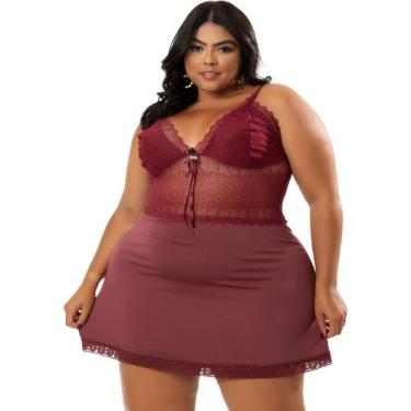Imagem de Camisola Plus Size Sexy Renda Tule Transparente Lua de Mel Baby Doll V