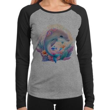 Imagem de Baby Look Raglan Golfinho Fofo Manga Longa - Foca na Moda, Cinza, Pret