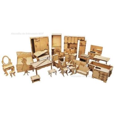 Imagem de Jogo C/ 29 Moveis para Casa de Boneca 3d Miniatura Laser Mdf Madeira C