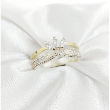 Imagem de Lindo Anel Coroa De Prata 925 Com Apliques De Ouro 14 K E Zircônias - 