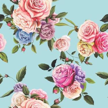 Imagem de Papel De Parede Adesivo Lavável Vintage Rosas Fundo Azul Quarto Sala d