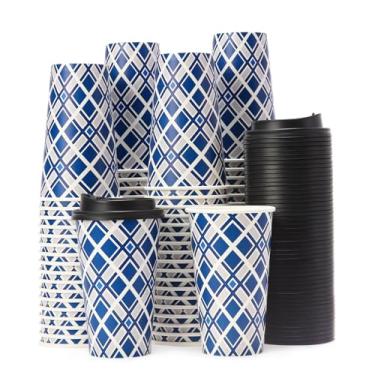 Imagem de Tamone Pacote com 100 xícaras de café descartáveis de 473 ml com tampas, copos de café To Go com tampas à prova de vazamento, design de treliça para café frio/quente, chocolate, cacau para escritório