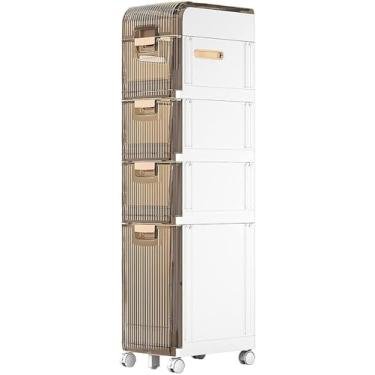 Imagem de Armário de armazenamento de plástico para banheiro, armário estreito de papel higiênico, torre de armazenamento lateral à prova d'água com gavetas e rodas de bloqueio para banheiro pequeno, cozinha,