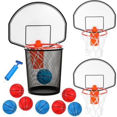 Imagem de Meooeck Conjunto de 19 peças de lixeira de basquete, incluindo 2 argolas com clipe com tabela, 16 mini bomba de ar inflável vermelha e azul para adultos, casa, escritório, basquete, presente de