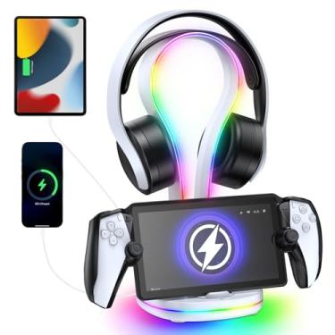 Imagem de FYOUNG Suporte de fone de ouvido para jogos com estação de carregamento para PlayStation Portal, suporte de luz atmosférica com suporte magnético para fone de ouvido e 2 portas de carregador USB