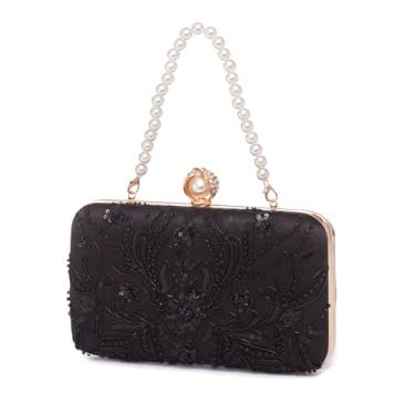 Imagem de YYW Bolsas de mão femininas bordadas com lantejoulas com contas para noite bolsa de mão com pérola bolsa de ombro para festa formal de casamento, Preto, One Size