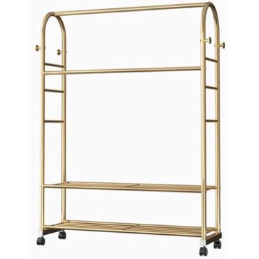 Imagem de Cabideiro dourado com rodas, suporte de casaco com 2 sapateiras, pode armazenar roupas, chapéus e sapatos, adequado para lojas de roupas, salas de estar e quartos, 120 cm de largura