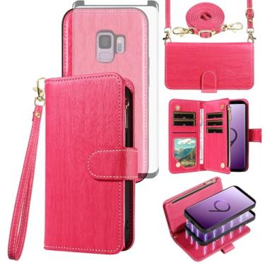 Imagem de Asuwish Capa de celular para Samsung Galaxy S9 carteira com zíper magnética destacável com protetor de tela de vidro temperado, alça transversal, compartimento para cartão S 9 Edge 9S GS9 mulheres