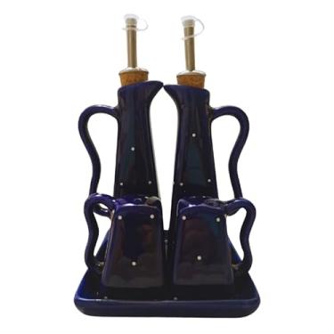 Imagem de Galheteiro de Cerâmica Conjunto com 5 Peças para Azeite, Vinagre, Sal e Pimenta com Suporte, Design Sofisticado, Resistente, Fácil de Limpar e Perfeito para Ocasiões Especiais (Azul Cobalto)