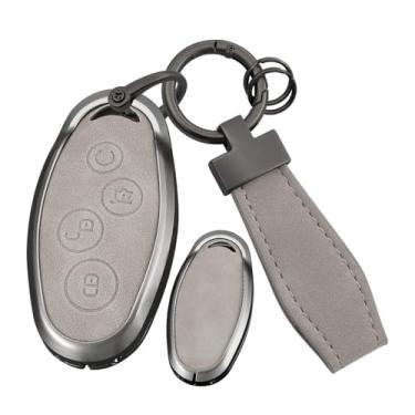 Imagem de ontto Capa para chave compatível com BYD Song Max Yuan S7 Qin 80, protetor de chaveiro de metal e couro com chaveiro, suporte de chave de proteção total, cinza