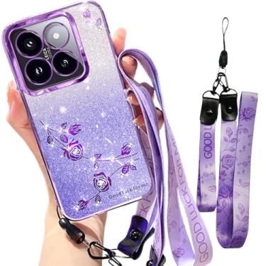 Imagem de Fofvccv Capa para Xiaomi 14T Pro com glitter com alça transversal para mulheres e meninas, capa de telefone feminina brilhante brilhante flores fofas capa floral para Mi 14T Pro 5G YSS roxo