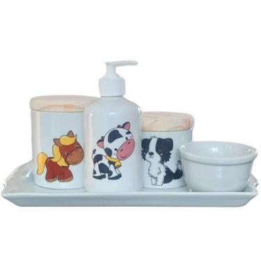 Imagem de Kit higiene bebê Fazendinha 5 peças - Bandeja, potes, porta álcool e m