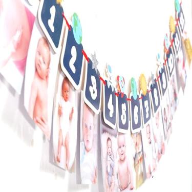 Imagem de Banner de foto de decoração de primeiro aniversário do espaço sideral - Decorações de fotos de bebê de primeiro aniversário, faixa de álbum de fotos de recém-nascido a 12 meses, registro de