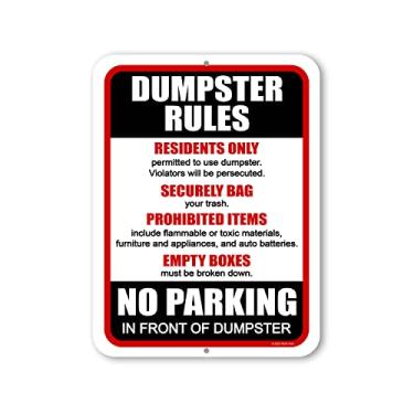 Imagem de Honey Dew Gifts, Dumpster Rules No Parking in Front of Dumpster, 23 cm x 30,5 cm, Feito nos EUA, Poste de placa de metal, placas de gramado, placas de aviso, sem placas de dumping propriedade
