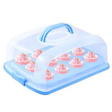 Imagem de FEOOWV Porta-Cupcakes De 2 Pol. E Suporte Para Bolos Com Tampa, Porta-Tortas Retangular, Grande Recipiente De Armazenamento Portátil Para Armazenar 2 Cupcakes Ou Bolos Grandes (Azul)