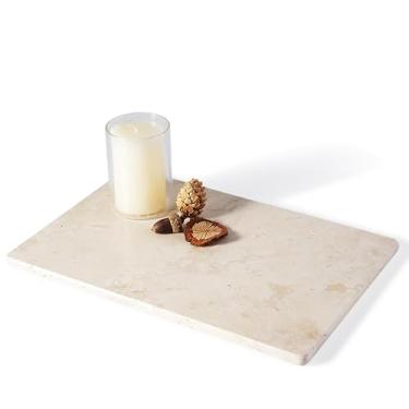 Imagem de BCS Bandeja de armazenamento de travertino – 30,5 cm x 20,3 cm Bandeja multiuso de mármore para pastelaria, placa de mármore para balcão, bandeja de perfume de banheiro, placa de vela de joias