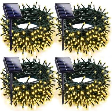Imagem de Pacote com 4 luzes solares de Natal à prova d'água, 400 LEDs de 400 LEDs com 8 modos de iluminação, luzes solares de árvore de arame verde para decoração de cerca de jardim e casamento (branco quente)