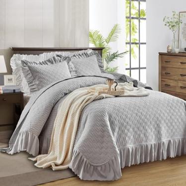 Imagem de Conjunto de cama solteiro com babados, 172,7 x 218,4 cm - 2 peças de colcha rústica de verão leve e fofa com fronhas para mulheres e homens, cinza