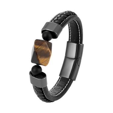 Imagem de Starnny Pulseira masculina de couro preto para homens, pedra ônix, olho de tigre, pulseira de pedra, 21cm, Ónix
