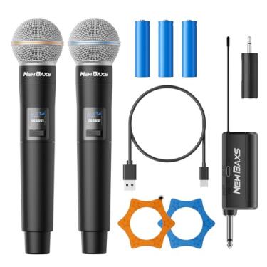 Imagem de Microfone sem fio recarregável NEWBAXS Dual Cordless Handheld Dynamic Wireless Mics, saída de 1/10.2 cm para karaokê, reunião, casamento, canto, igreja