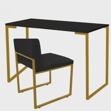 Imagem de Kit Mesa Escrivaninha Stan e Cadeira Lee Industrial Escritório Tampo Preto Dourado Corino Preto - Ahz Móveis