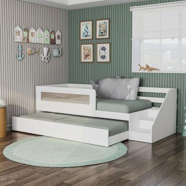 Imagem de Bicama Infantil Space Solteiro com Rattan, Grade de Proteção e Escada de Fácil Acesso Casatema