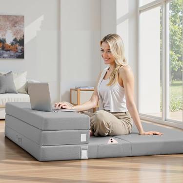 Imagem de BestGlory Colchão duplo dobrável de 10 cm, forro de colchão de espuma, macio, resistente à sujeira, cama portátil para acampamento, cama de hóspedes dobrável, tapete de viagem portátil com capa