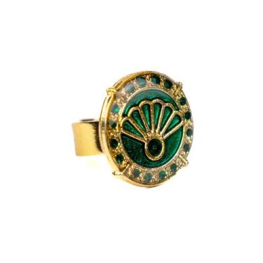 Imagem de Anel Ajustável Cigana Leque Esmeralda 2,5 cm Metal Dourado - Lua Místi