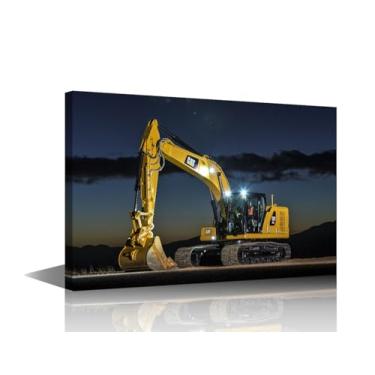 Imagem de TUMOVO Decoração de parede escavadeira em construção à noite pinturas em tela para quarto, banheiro, escritório, equipamento de construção, arte de parede em preto e branco, emoldurada, pronta para