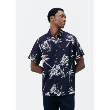 Imagem de Camisa Masculina Manga Curta Estampada Em Linho - Hering, M, Azul escu
