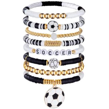 Imagem de Huquary 8 pulseiras de futebol ajustáveis esportivas com contas elásticas de argila presentes para adolescentes, adultos, mulheres, lembrancinhas de festa de futebol, about 7 inches long, argila de