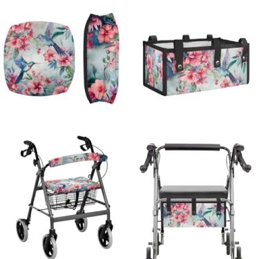 Imagem de LedBack Acessórios de scooter de mobilidade para 3 peças, beija-flor rosa flores rollator andador assento e encosto capas sob o assento rollator Walker Bag para idosos