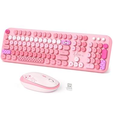 Imagem de Dilter Teclado e mouse sem fio, teclado de tamanho completo para máquina de escrever com teclado numérico e mouse conectado por USB 2 em 1 para Windows 7/8/10, laptop, desktop, PC, computador (rosa