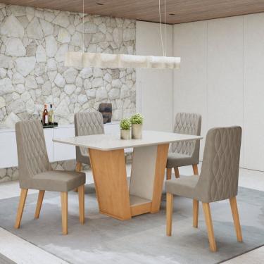 Imagem de Conjunto Apogeu 120cm Tampo MDF com Vidro e 4 Cadeiras Luar Amêndoa Clean/Off White/Liso Capuccino