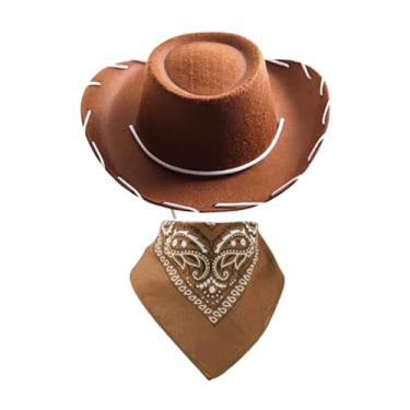 Imagem de Luwecf Chapéu de cowboy infantil e bandana define roupas de cabeceira para vestir praia, Marrom