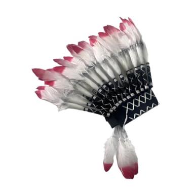 Imagem de Vaveren Chapéu indígena americano, chapéu de penas, presente para show de dança, Branco Preto Vermelho