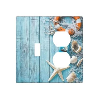 Imagem de OILbiexn Capas decorativas de madeira azul com rede de pesca de estrela do mar, concha salva-vidas, placa de parede de 2 gangues, interruptor de luz duplex, combo de interruptor de luz, capa para