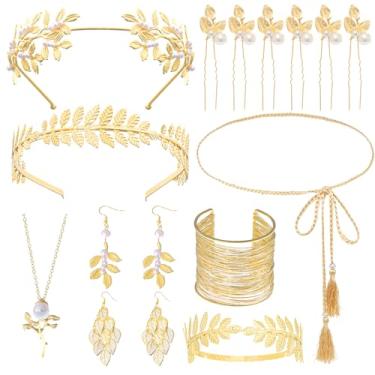 Imagem de YKYUASD 7 peças de acessórios de deusa grega para mulheres, coroa de folha de louro romana dourada, faixa de cabeça, braço, pulseira, brincos de pérola, bijuteria de fantasia de Toga para dama de