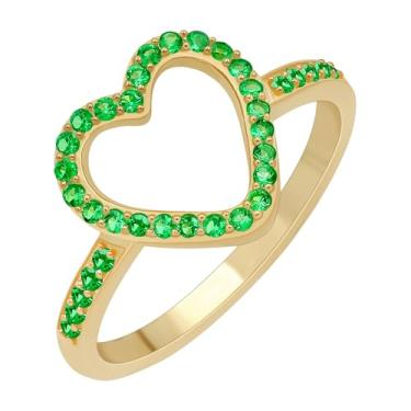 Imagem de GOURIK Anel de esmeralda banhado a ouro amarelo 18K em forma de coração tamanho 10 para mulheres - Pedra verde, pedra do mês de nascimento, ajuste confortável, sem manchas, anel delicado resistente