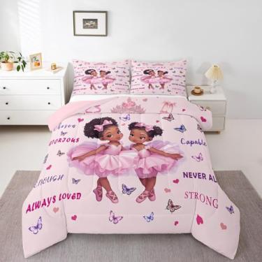 Imagem de Jogo de cama solteiro com estampa de princesa, para meninas negras americanas, rosa, bailarina, dançarina, para decoração de quarto fofo, estética kawaii